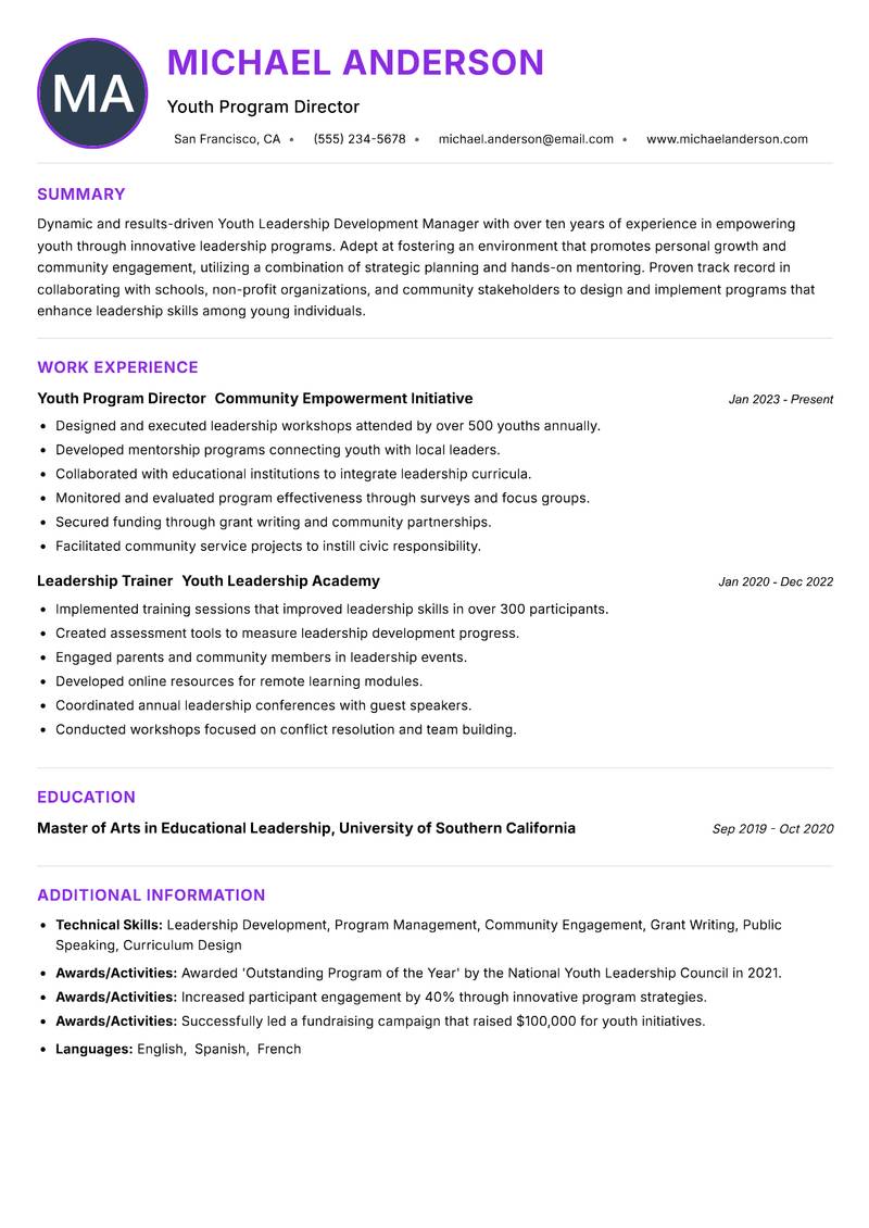 Youth Leadership Development Manager Resume Preview Example