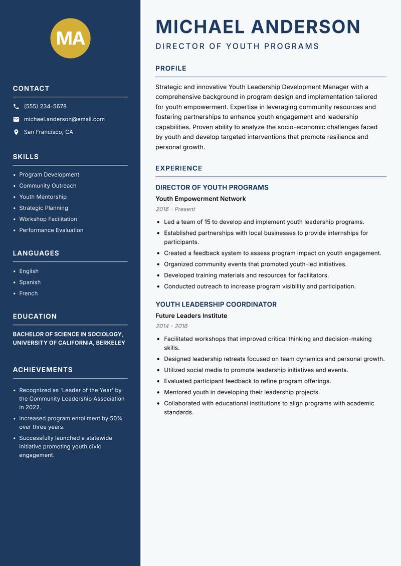Youth Leadership Development Manager Resume Preview Example