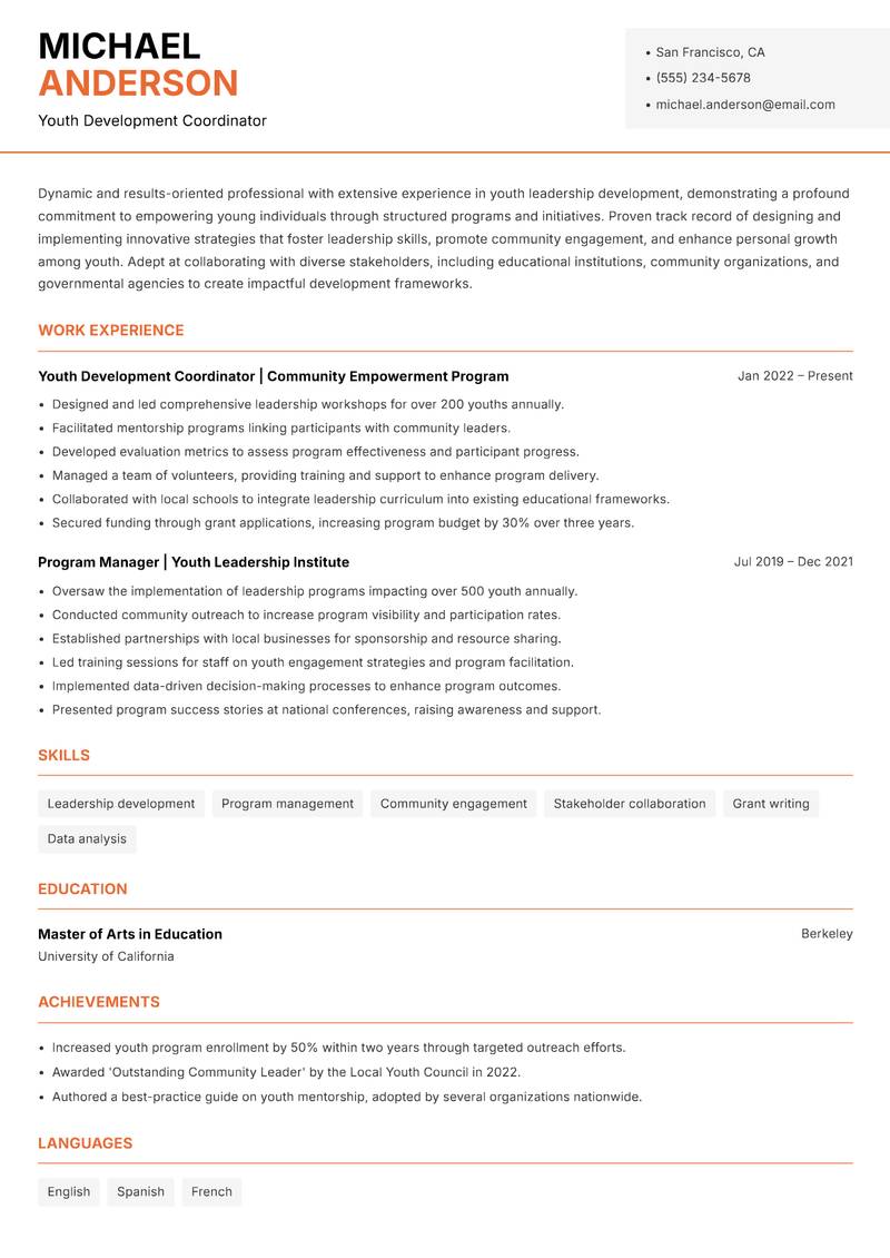 Youth Leadership Development Manager Resume Template