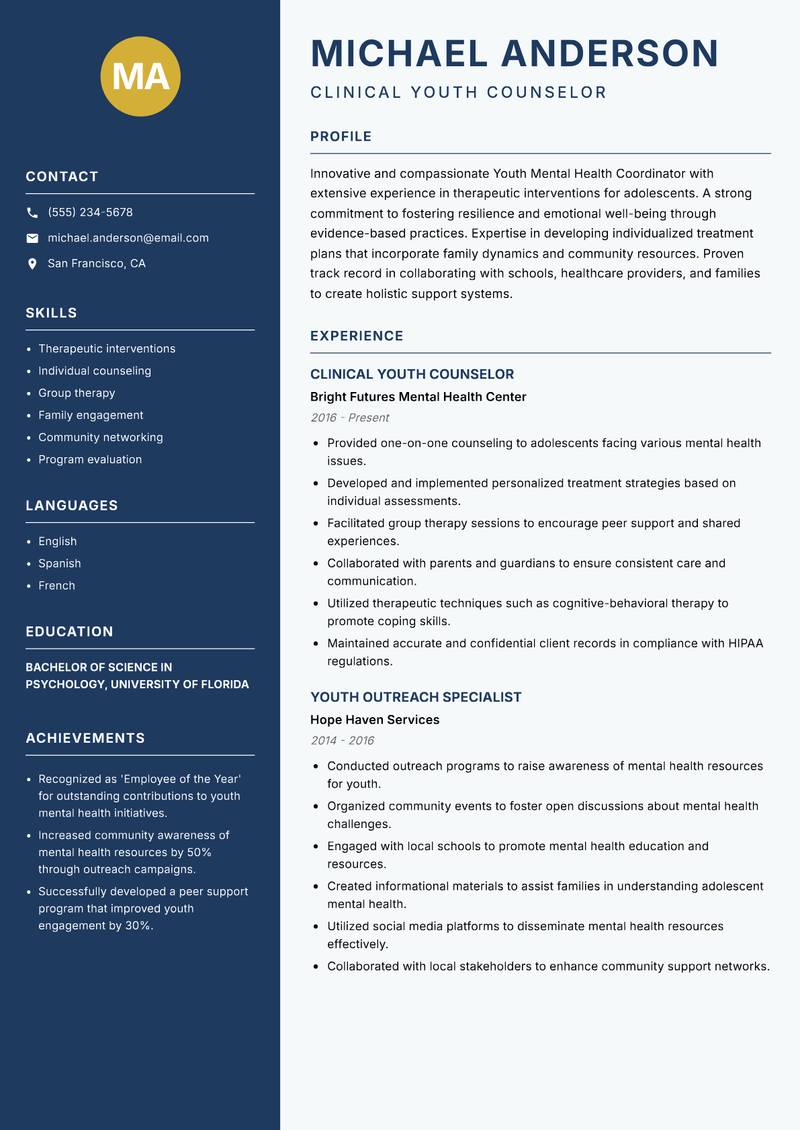Youth Mental Health Coordinator Resume Preview Example