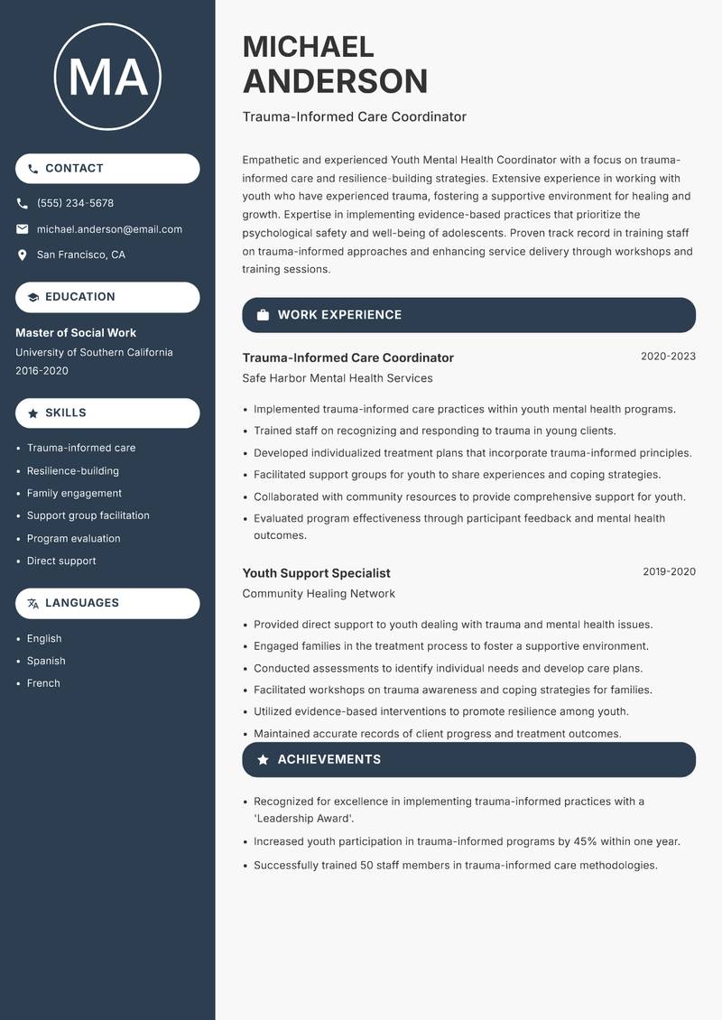 Youth Mental Health Coordinator Resume Preview Example
