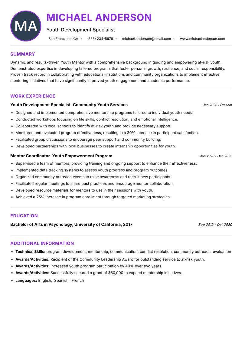 Youth Mentor Resume Preview Example