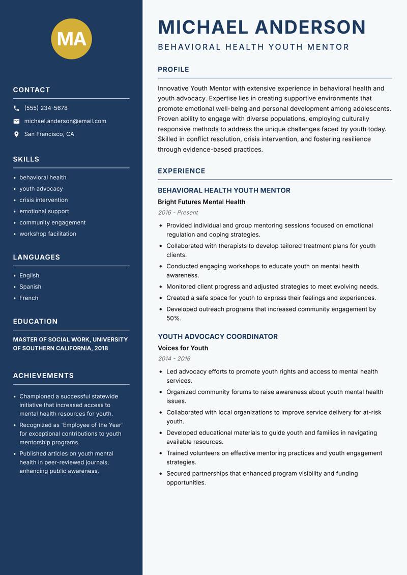 Youth Mentor Resume Preview Example