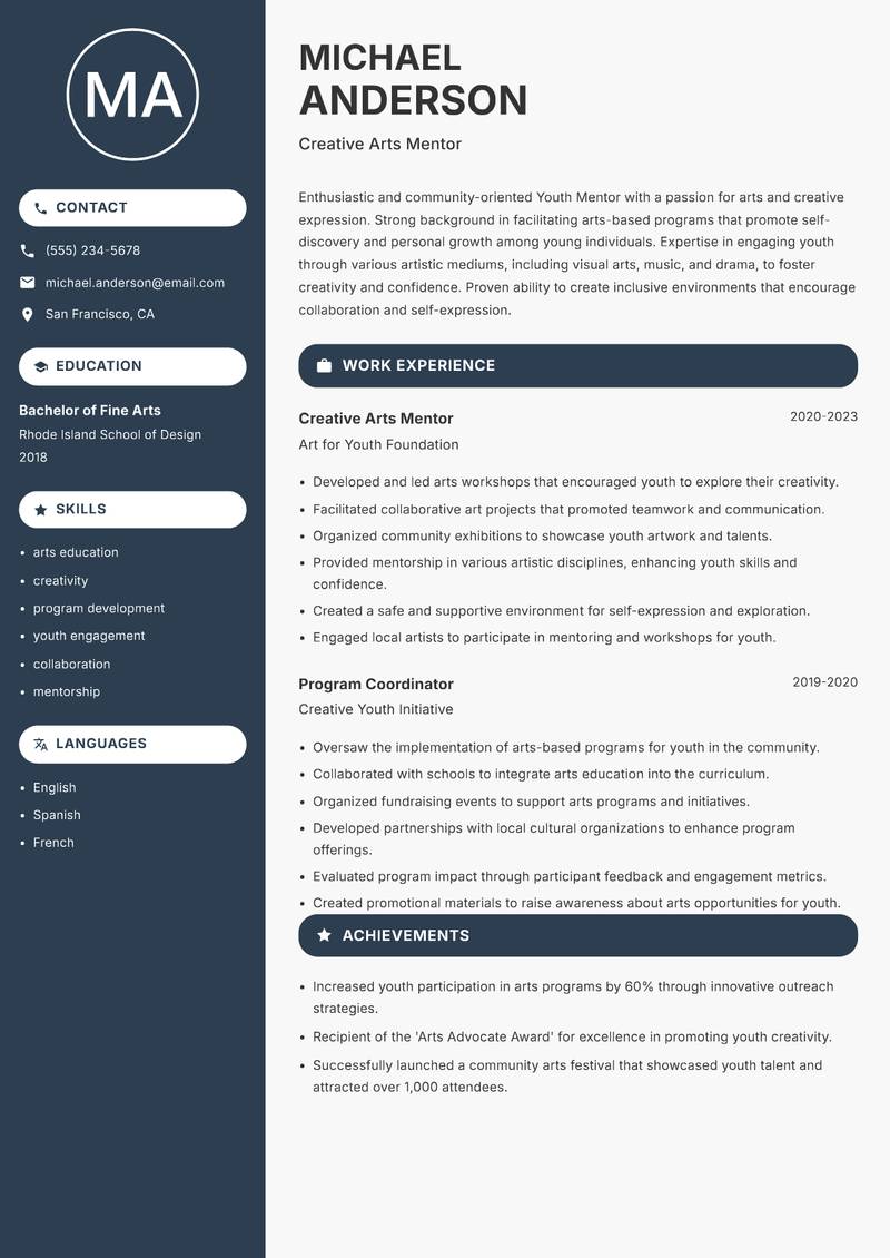 Youth Mentor Resume Preview Example