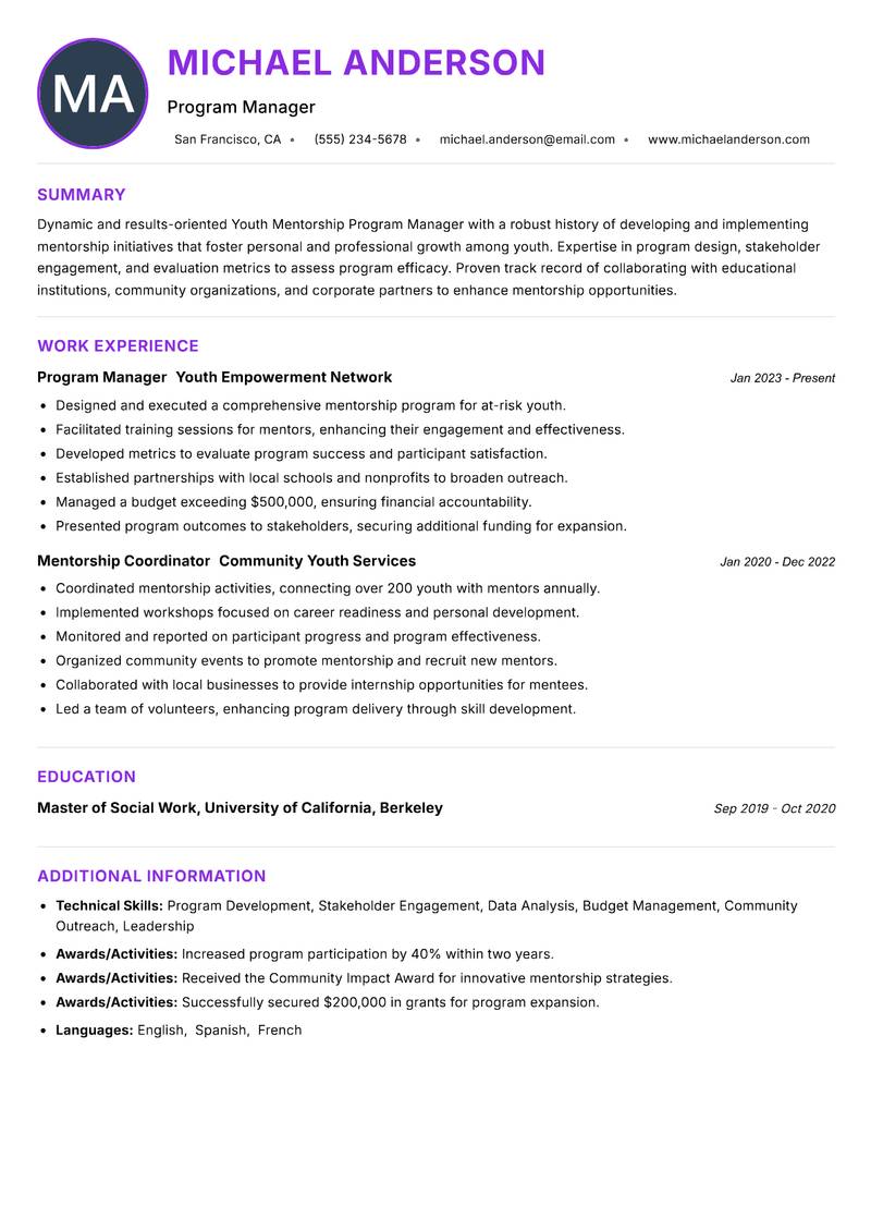 Youth Mentorship Program Manager Resume Preview Example