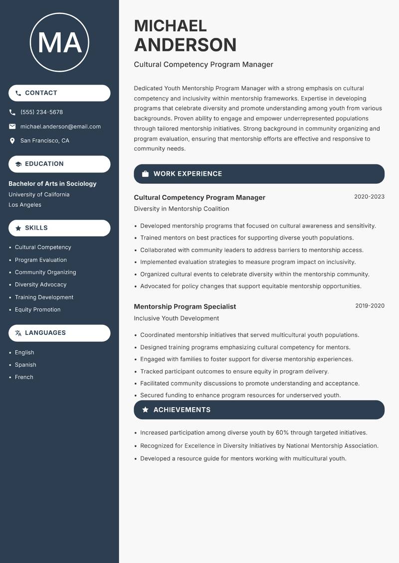 Youth Mentorship Program Manager Resume Preview Example
