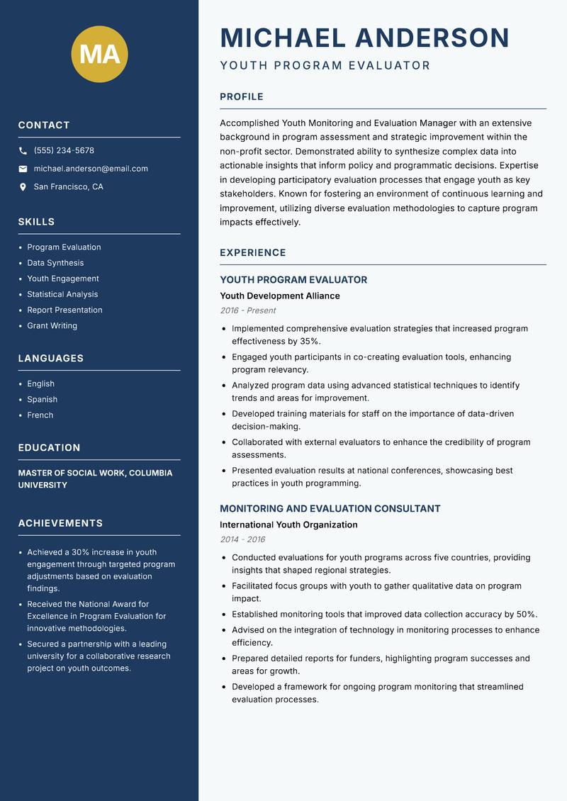 Youth Monitoring and Evaluation Manager Resume Preview Example