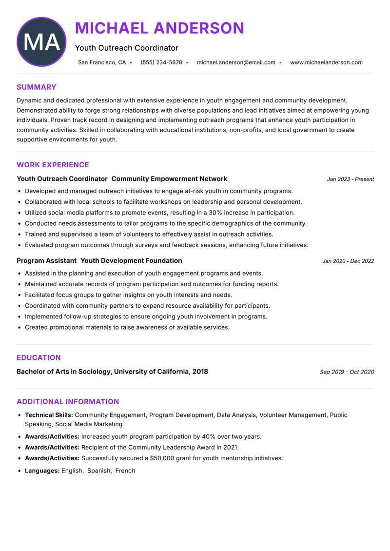 Youth Outreach Officer Resume Preview Example