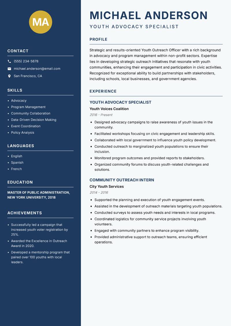 Youth Outreach Officer Resume Preview Example