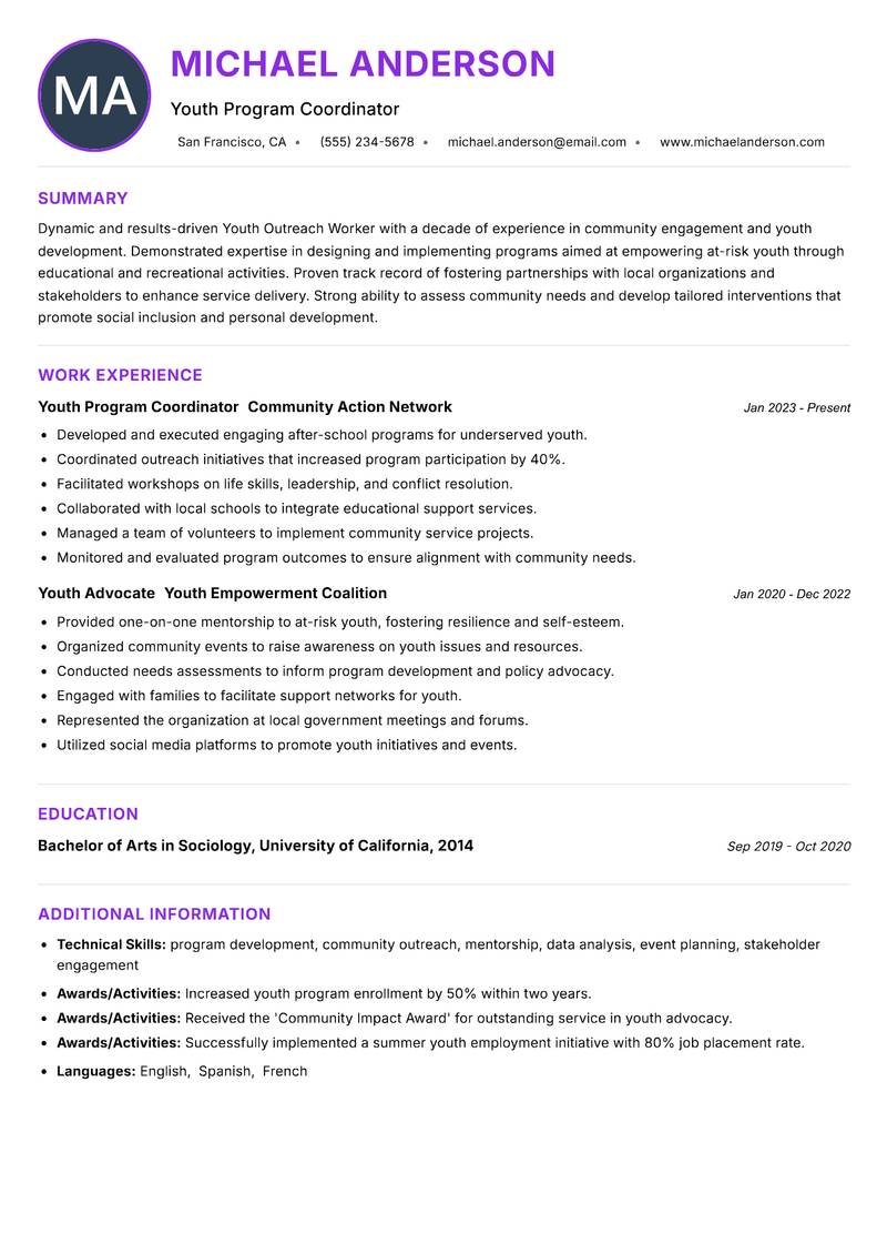 Youth Outreach Worker Resume Preview Example