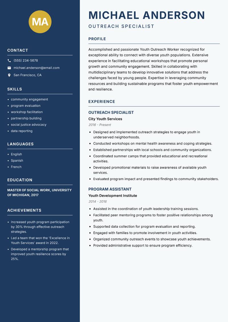 Youth Outreach Worker Resume Preview Example