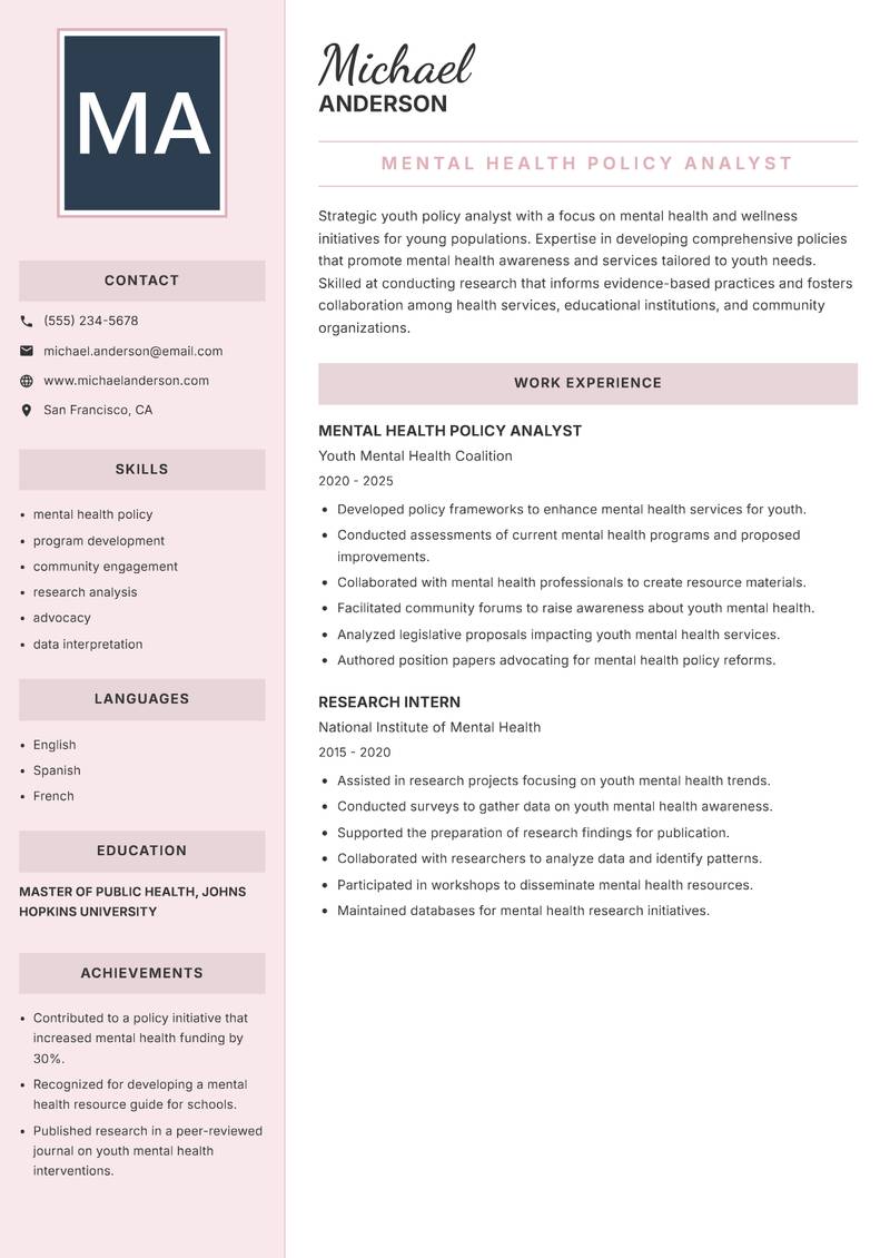 Youth Policy Analyst Resume Preview Example