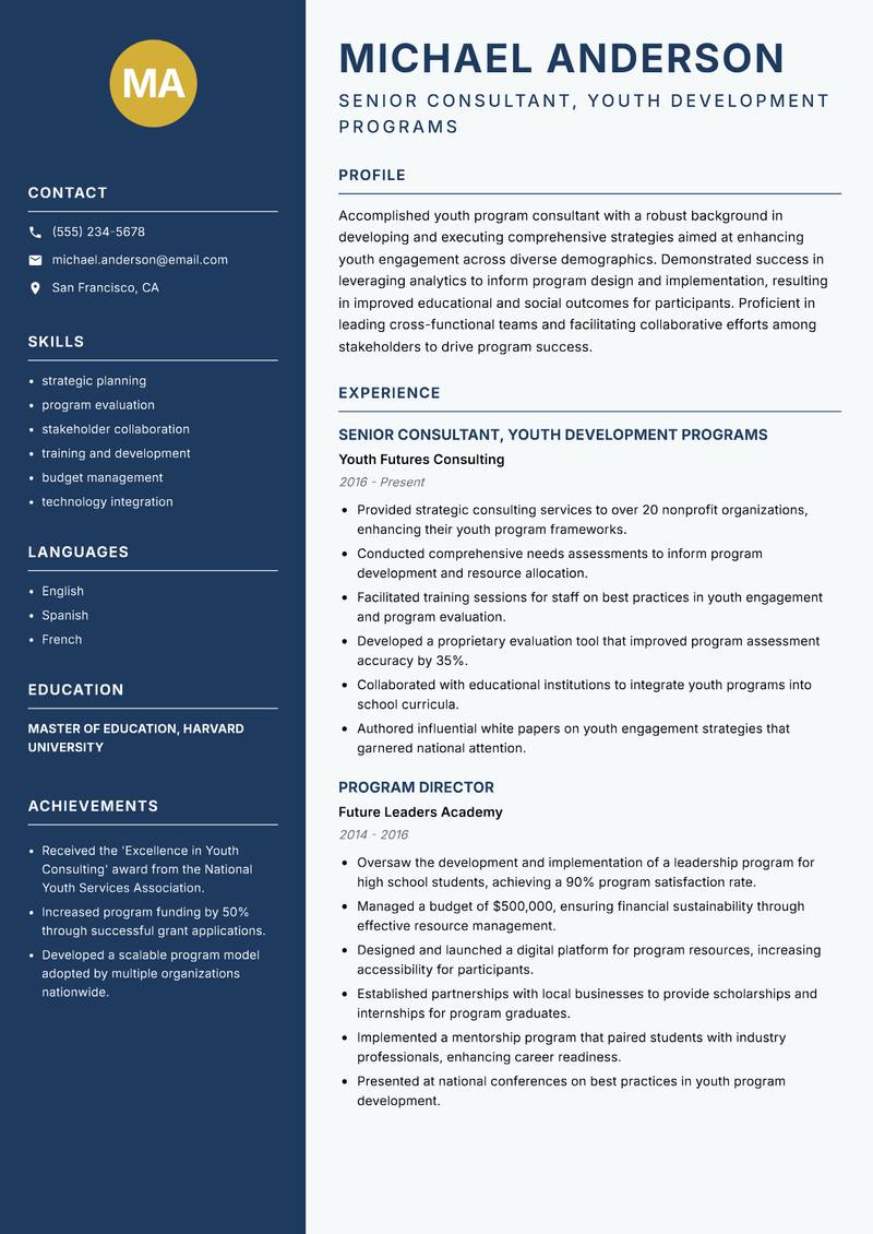 Youth Program Consultant Resume Preview Example
