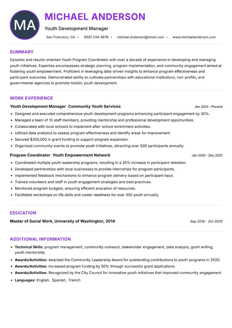 Youth Program Coordinator Resume Preview Example