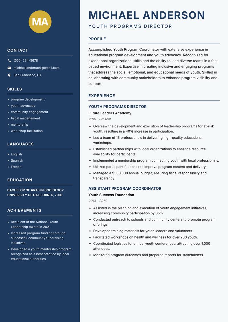 Youth Program Coordinator Resume Preview Example