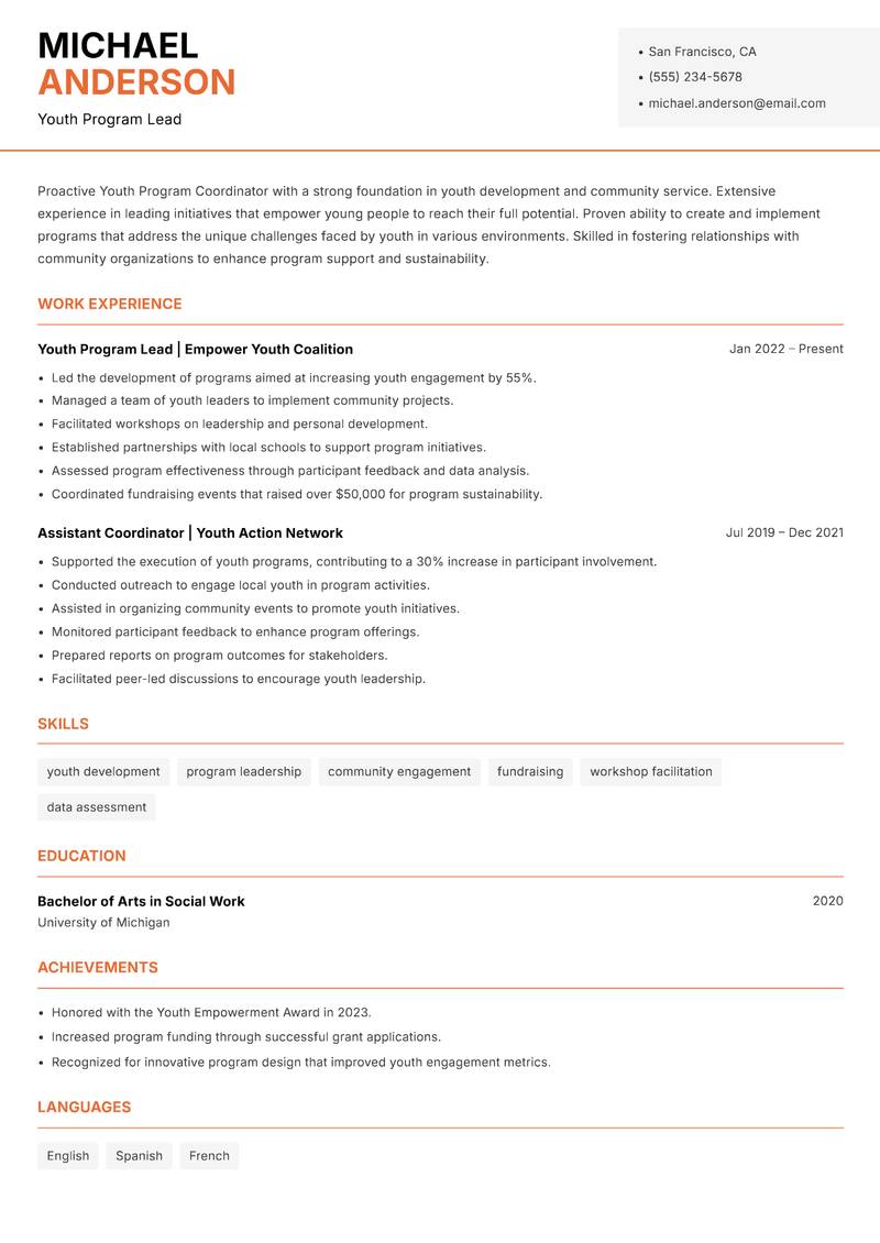 Youth Program Coordinator Resume Template