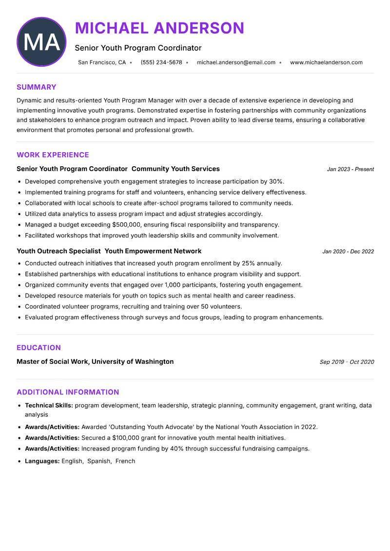 Youth Program Manager Resume Preview Example