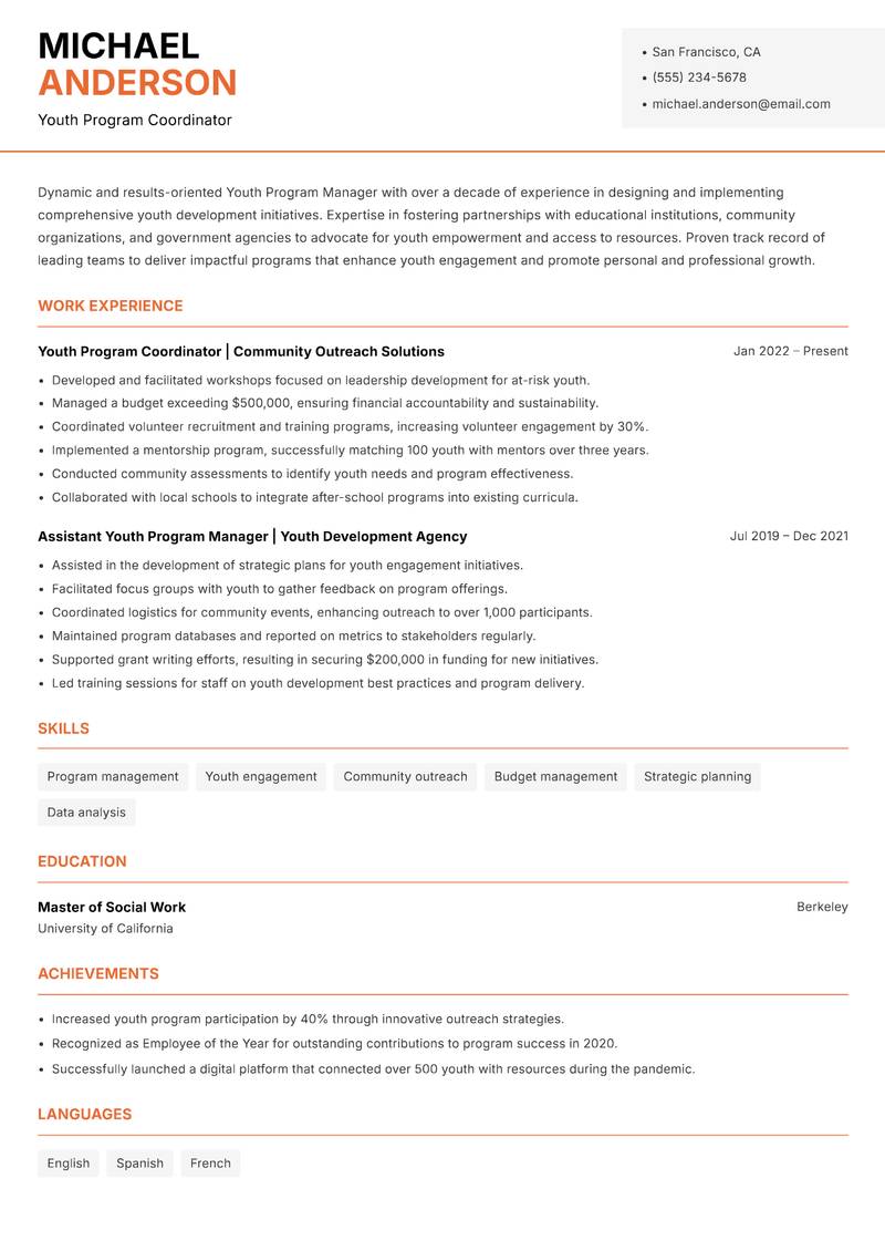 Youth Program Manager Resume Template