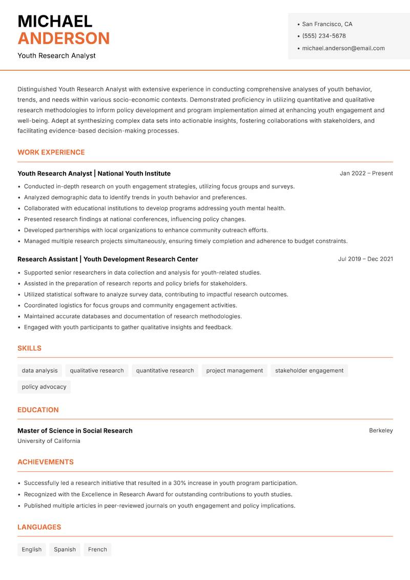 Youth Research Analyst Resume Template