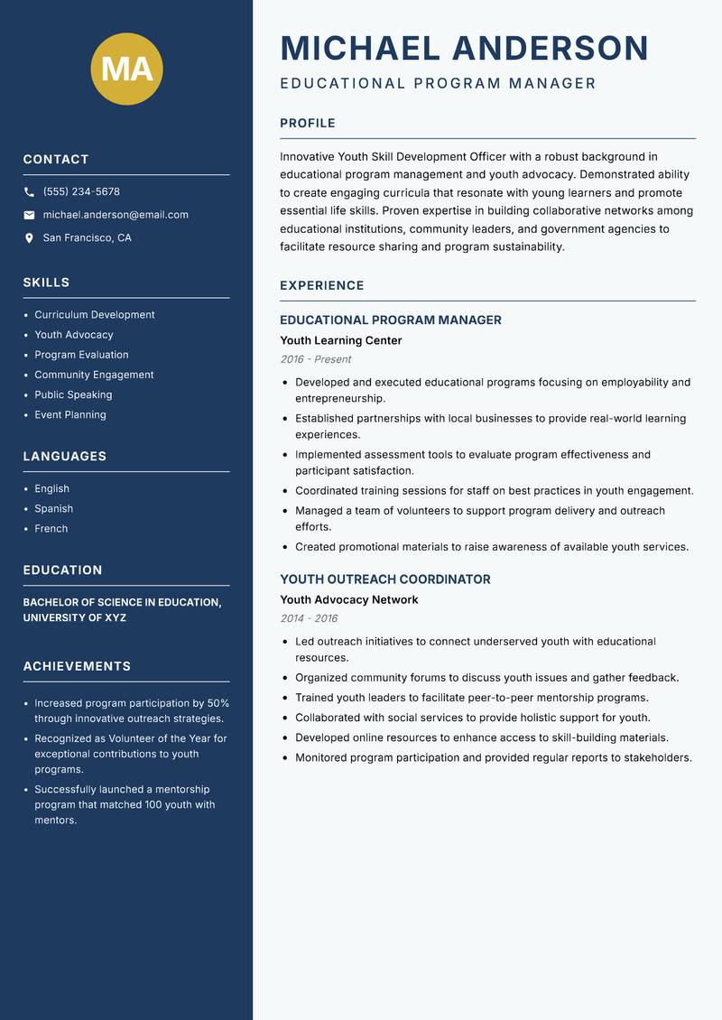 Youth Skill Development Officer Resume Preview Example