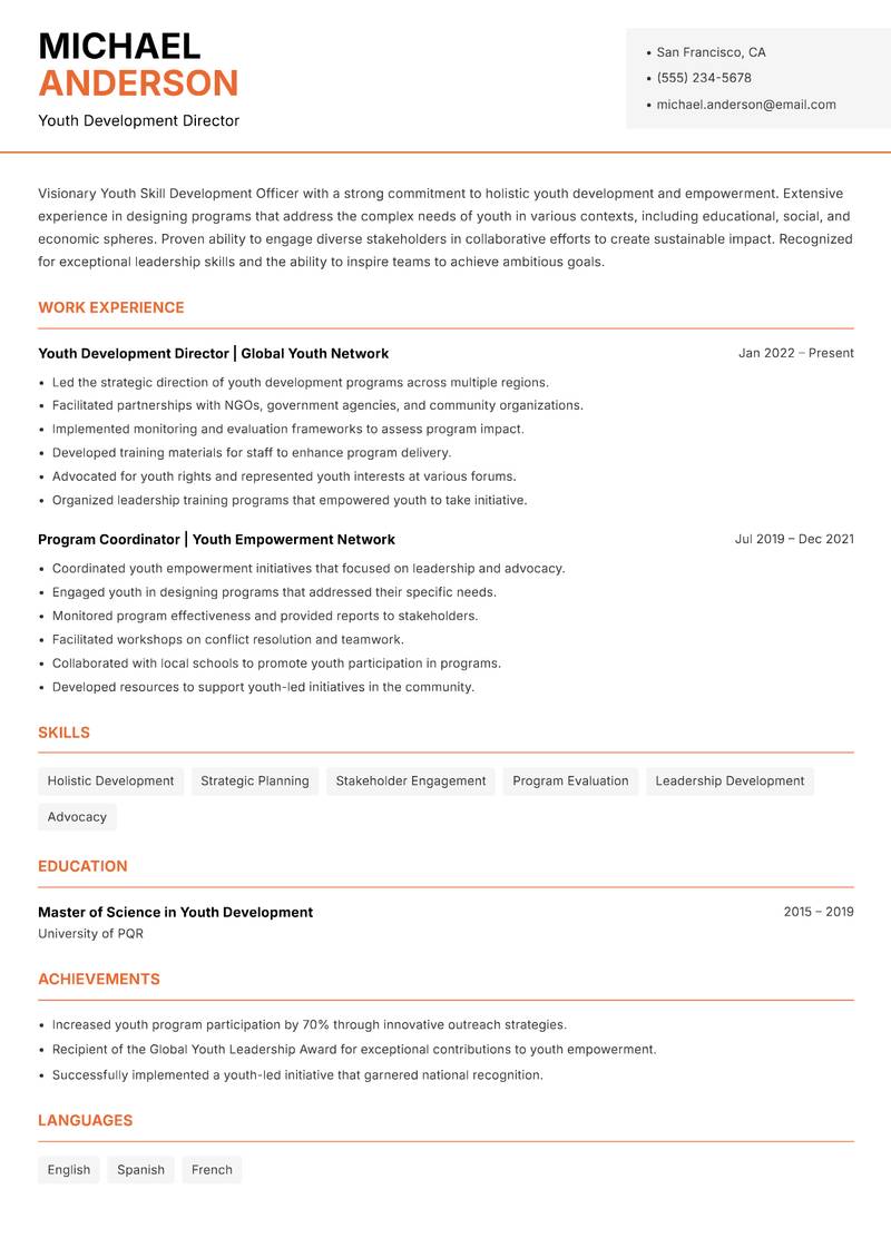 Youth Skill Development Officer Resume Template