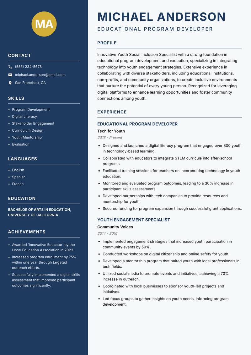 Youth Social Inclusion Specialist Resume Preview Example