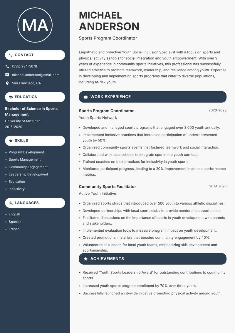 Youth Social Inclusion Specialist Resume Preview Example