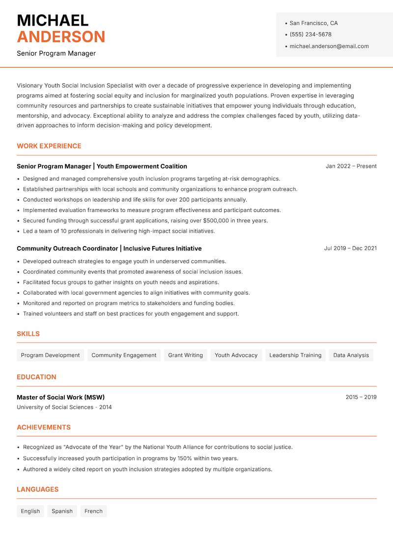 Youth Social Inclusion Specialist Resume Template