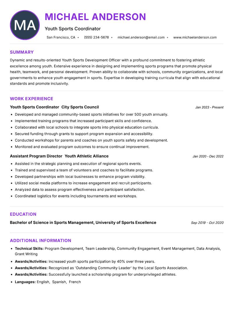 Youth Sports Development Officer Resume Preview Example