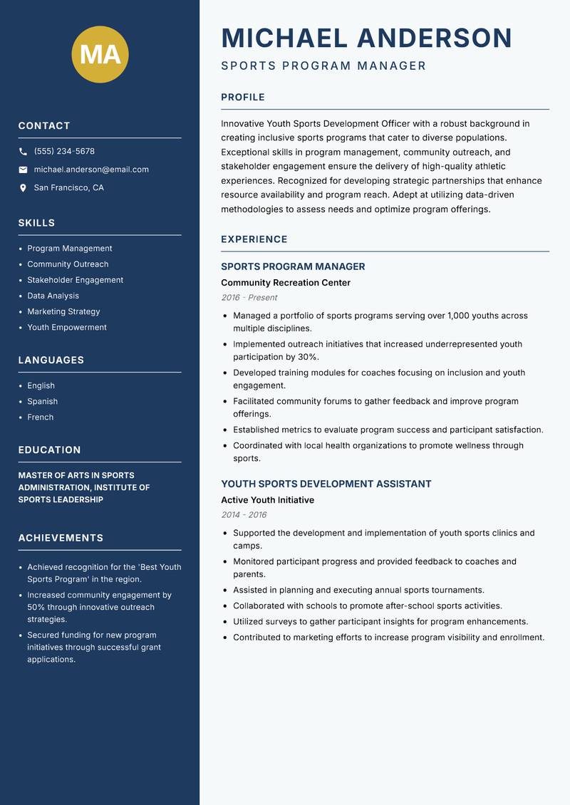 Youth Sports Development Officer Resume Preview Example