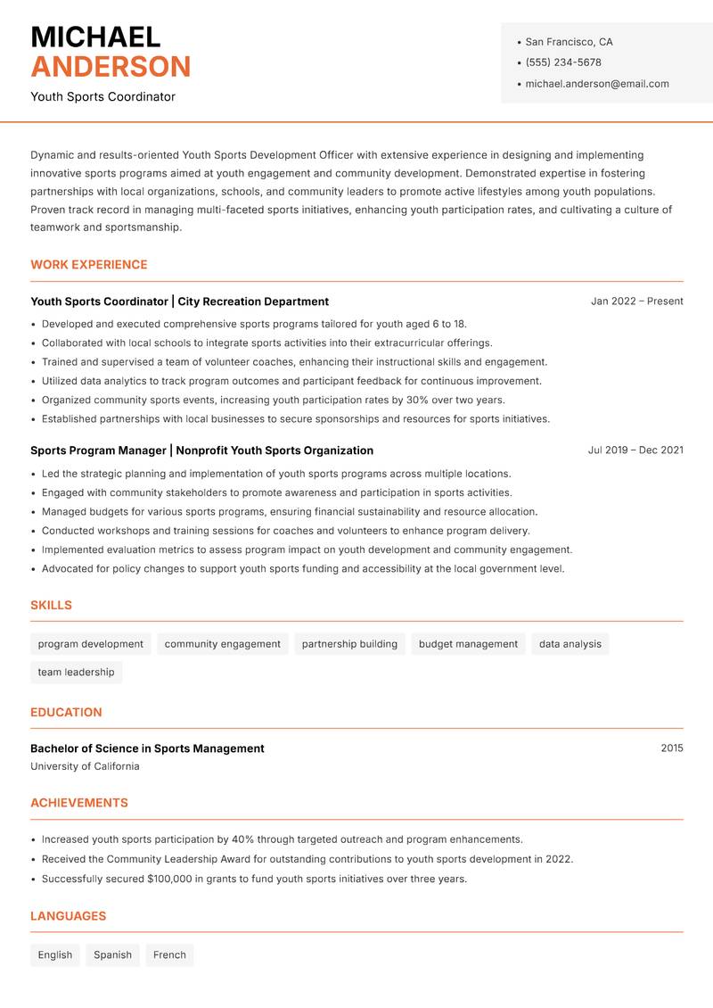 Youth Sports Development Officer Resume Template