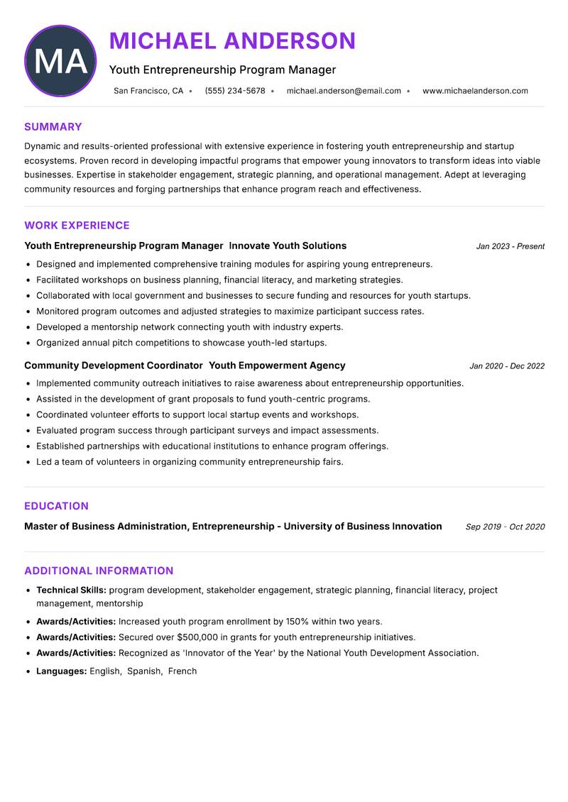 Youth Startup Support Officer Resume Preview Example