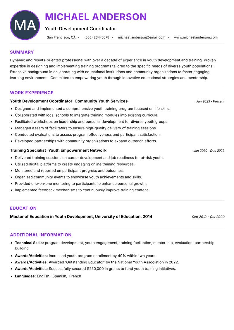 Youth Training Officer Resume Preview Example