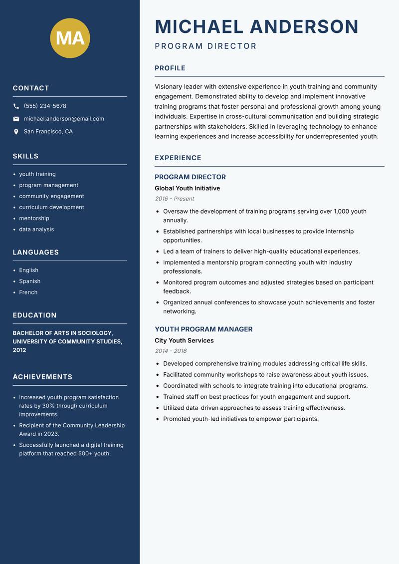 Youth Training Officer Resume Preview Example