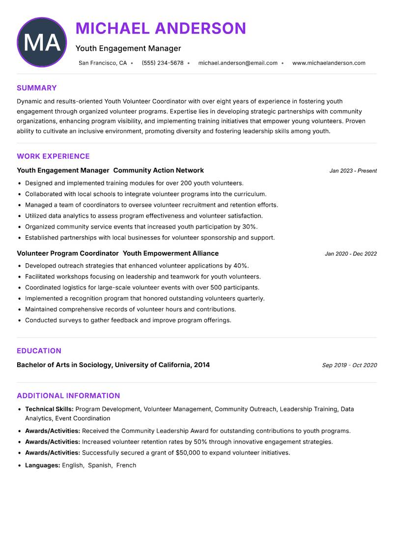 Youth Volunteer Coordinator Resume Preview Example