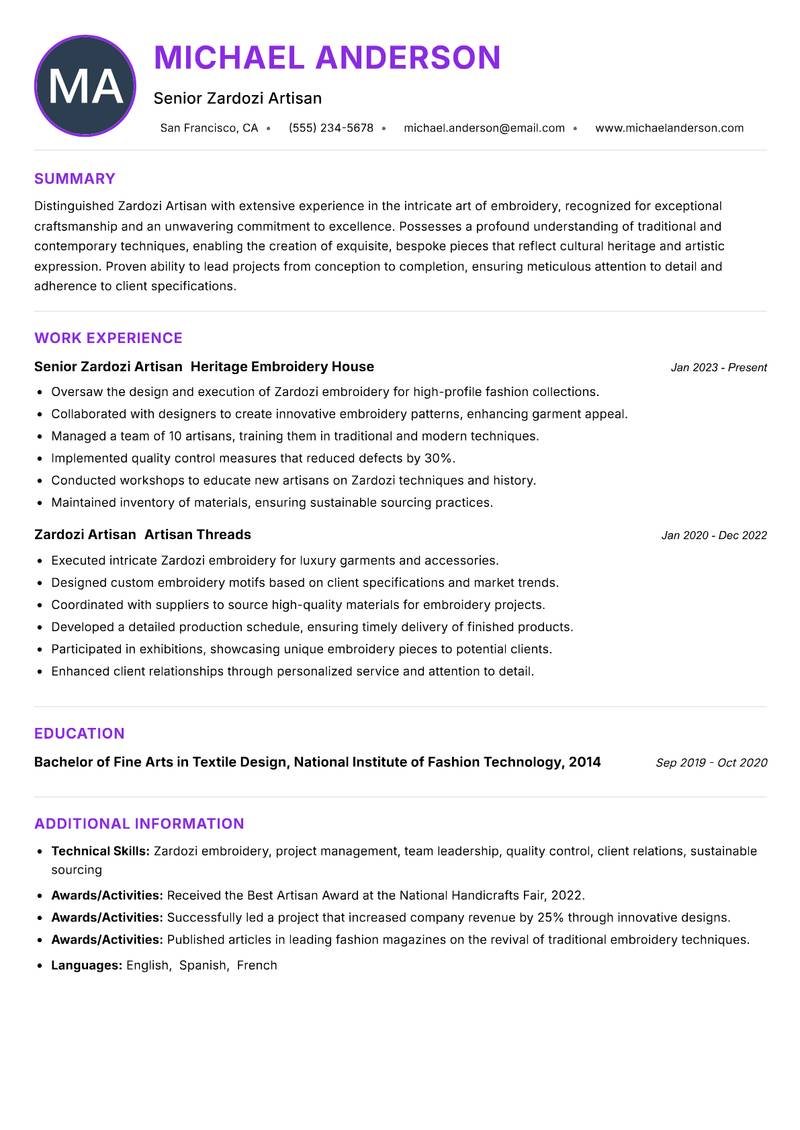 Zardozi Artisan Resume Preview Example