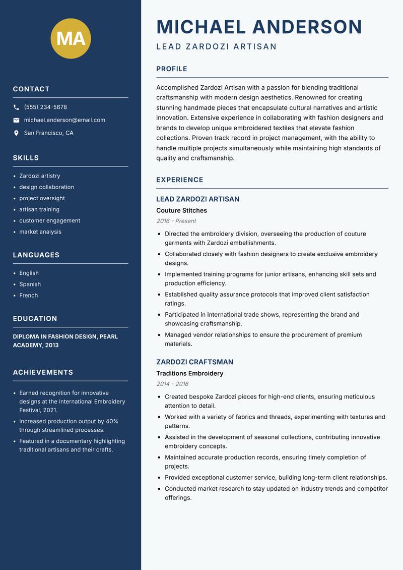 Zardozi Artisan Resume Preview Example