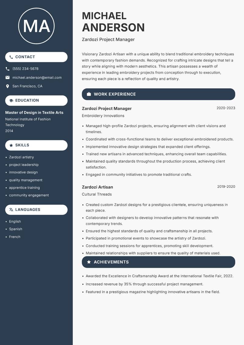 Zardozi Artisan Resume Preview Example