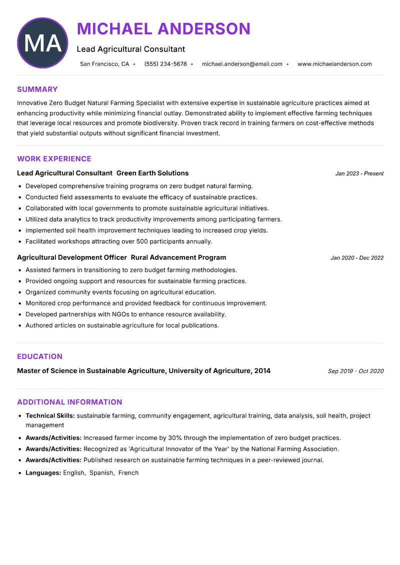 Zero Budget Natural Farming Specialist Resume Preview Example