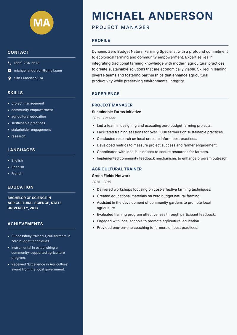 Zero Budget Natural Farming Specialist Resume Preview Example