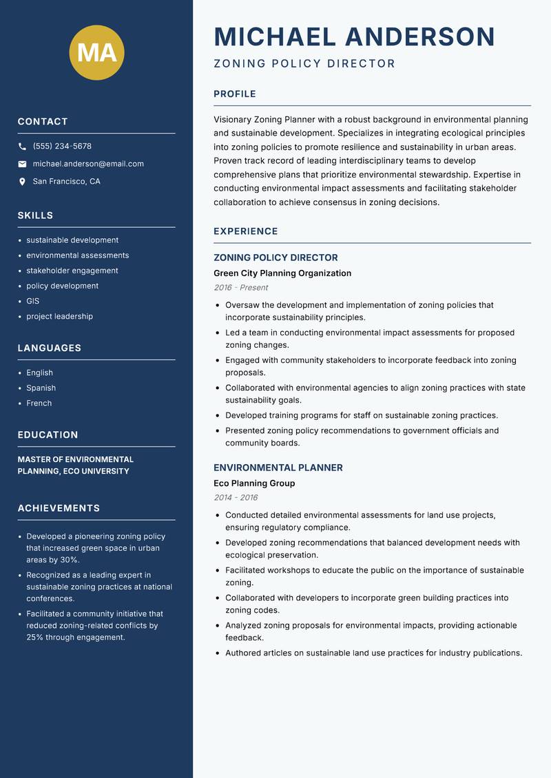 Zoning Planner Resume Preview Example
