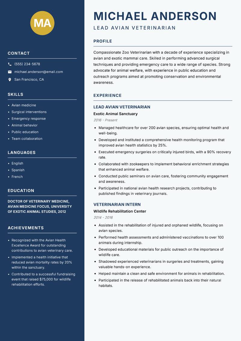Zoo Veterinarian Resume Preview Example