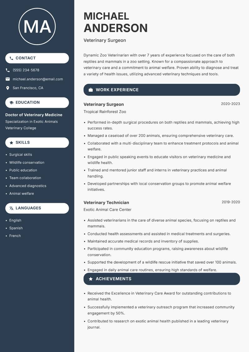 Zoo Veterinarian Resume Preview Example