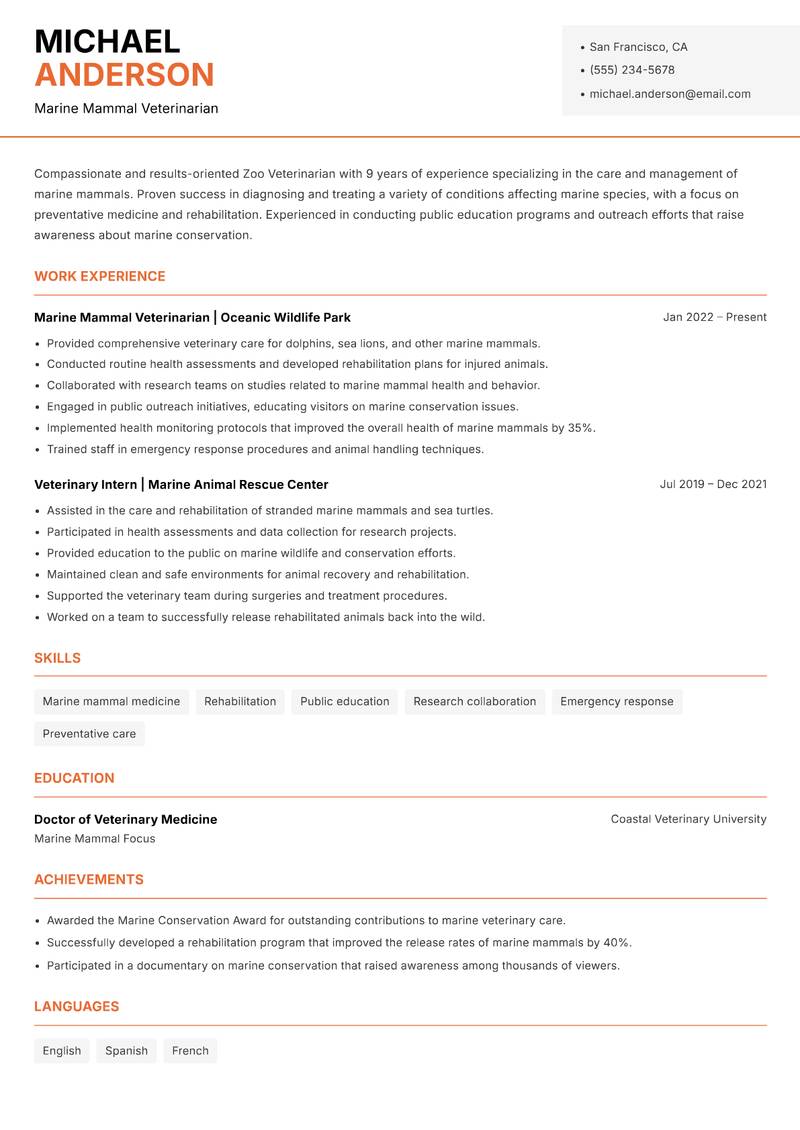 Zoo Veterinarian Resume Template