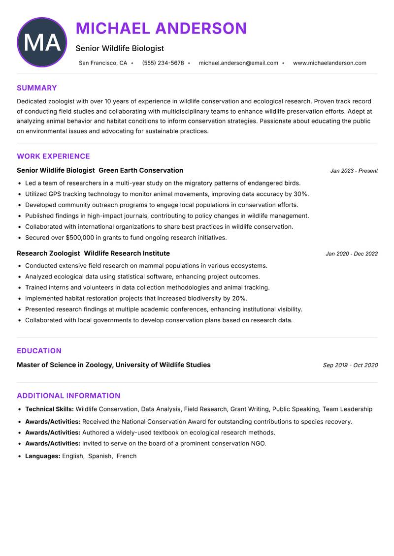 Zoologist Resume Preview Example