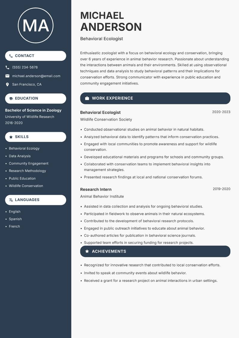 Zoologist Resume Preview Example