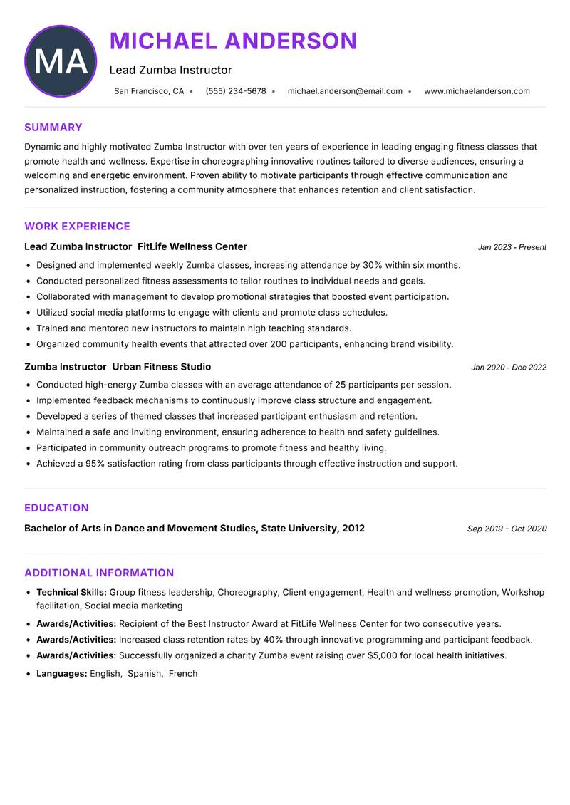 Zumba Instructor Resume Preview Example