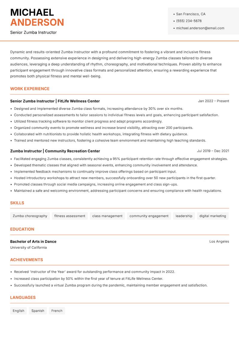 Zumba Instructor Resume Template
