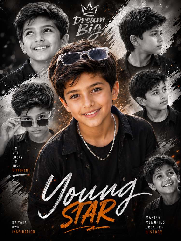 🌟 Young Star Cinematic Editorial Poster — AI image prompt example generated with this prompt