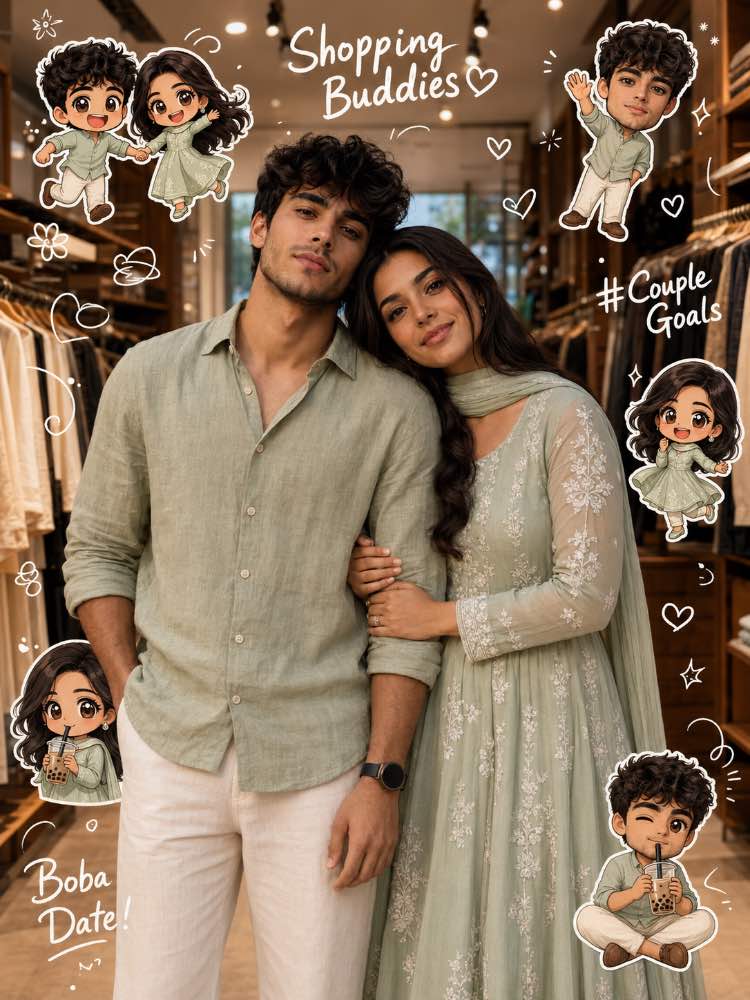 🛍️💚 Shopping Buddies Couple Portrait ✨ — AI image prompt example generated with this prompt